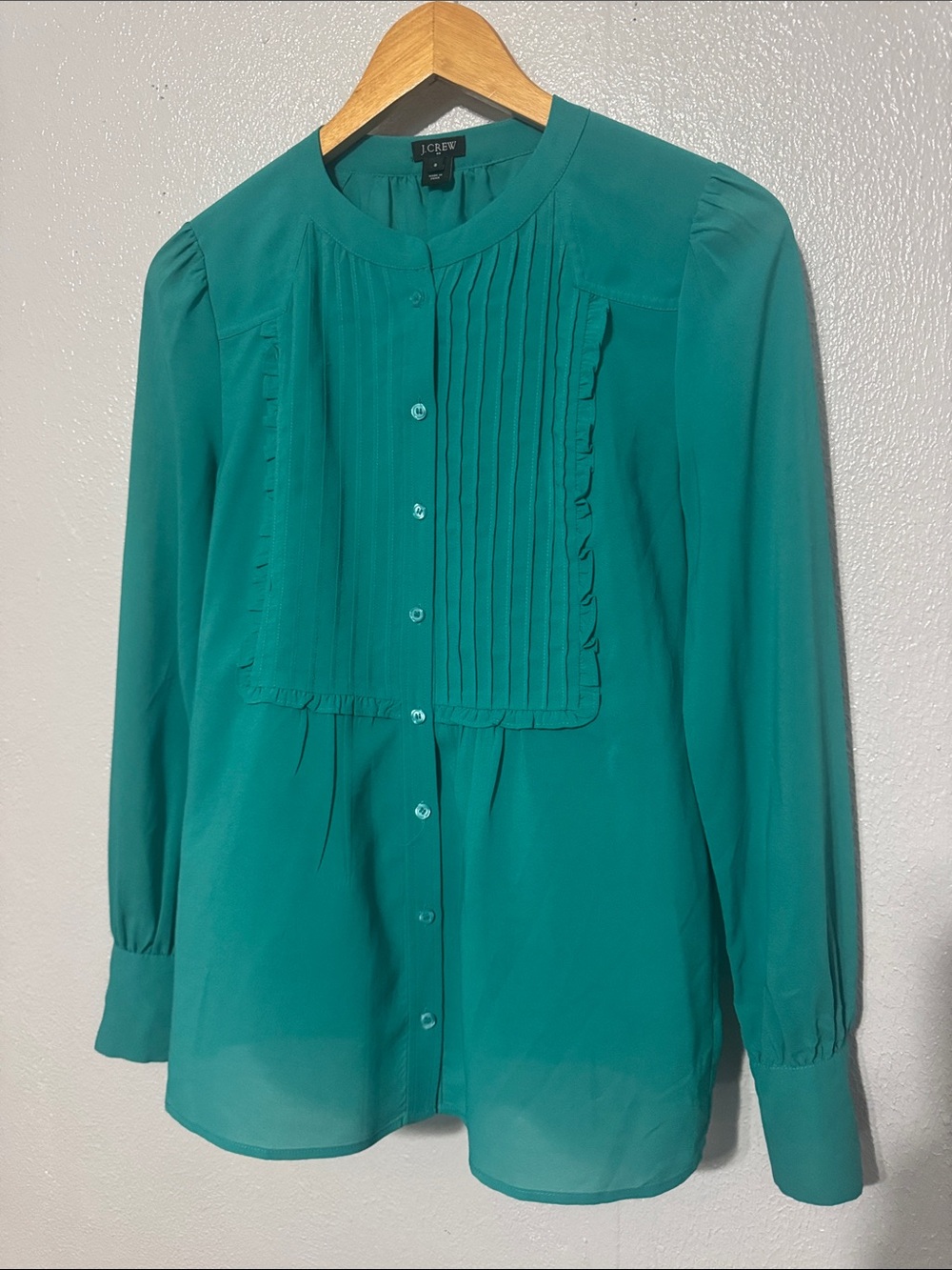 J.Crew Green Tuxedo Bib Ruffle Pleated Blouse - Size 0
